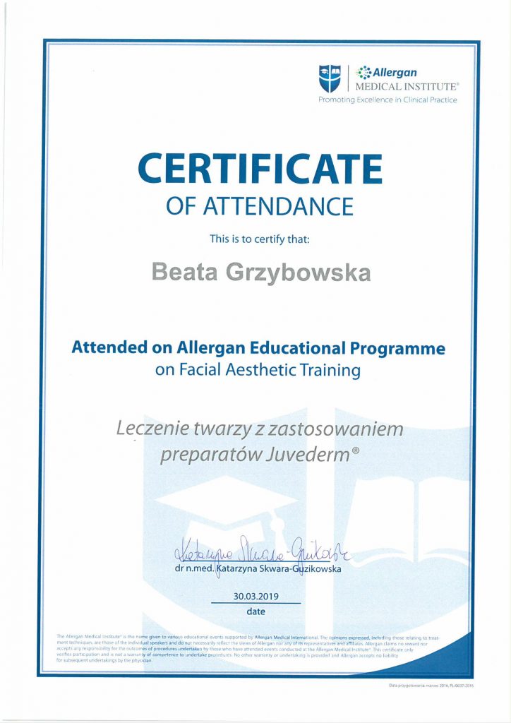 Medycyna Estetyczna - Certyfikat